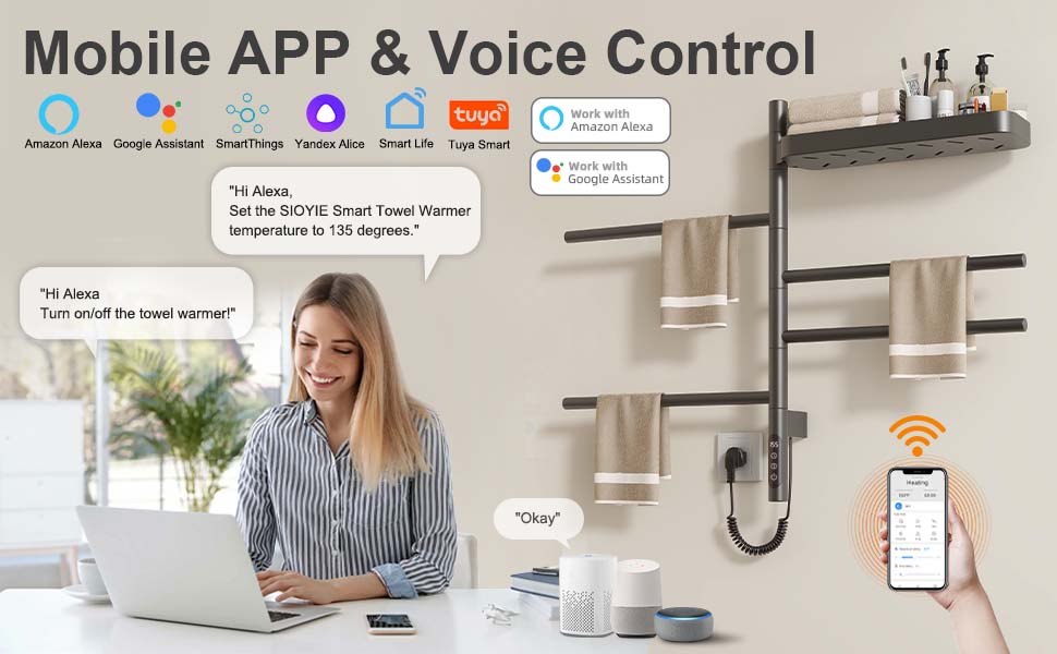 SIOYIE Smart Rotating Heated Towel Rack For Bathroom, Wall-Mounted Electric Towel Dryer With Swivel Bars & Shelf, Smart Timer, Low Carbon Steel, Plug-in/Hardwired, Towel Warmer With Wi-Fi App Control_voghion.com